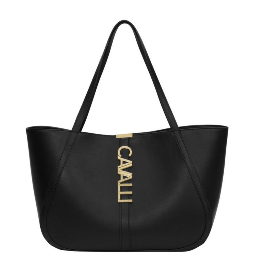 Class Roberto Cavalli Black Tote with Gold Logo Charm